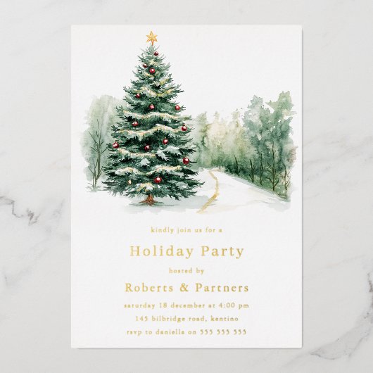 Snowy Christmas Trees Gold Foil Christmas Party Folie Uitnodiging (Voorkant)