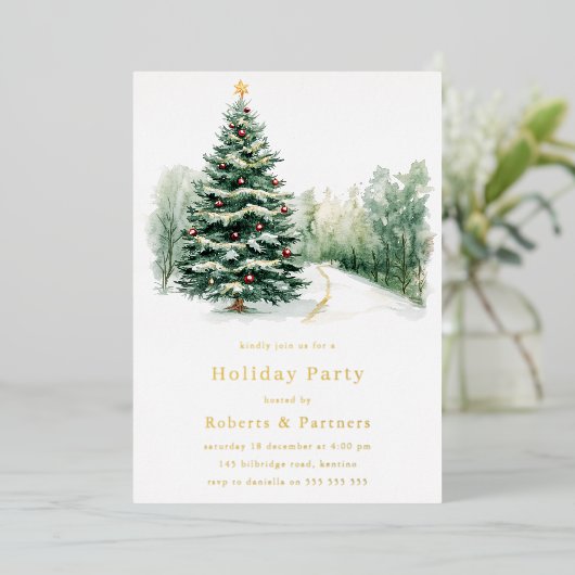 Snowy Christmas Trees Gold Foil Christmas Party Folie Uitnodiging (Staand Voorkant)