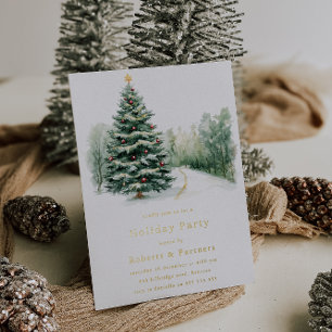 Snowy Christmas Trees Gold Foil Christmas Party Folie Uitnodiging
