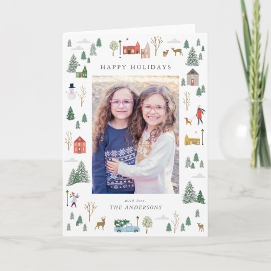 Snowy Christmas village Flat Holiday Kaart (Voorkant)