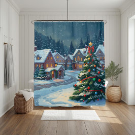 Snowy Christmas Village Holiday Shower Curtain Douchegordijn