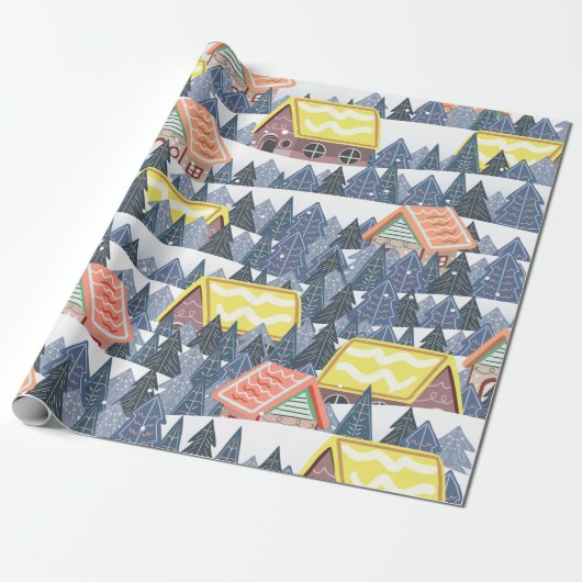 Snowy Christmas Village Pattern Cadeaupapier (Uitgerold)