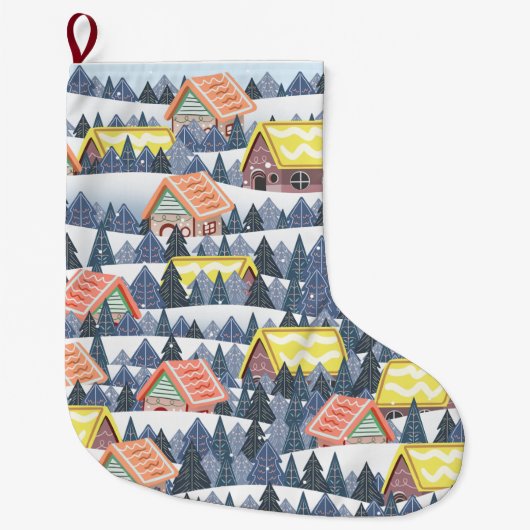 Snowy Christmas Village Pattern Grote Kerstsok (Voorkant)