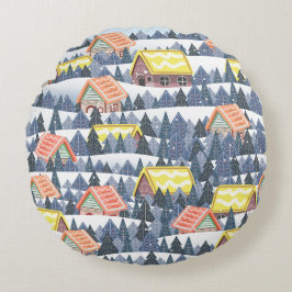 Snowy Christmas Village Pattern Rond Kussen