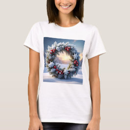 Snowy Christmas Wreath with Red Berries T-shirt