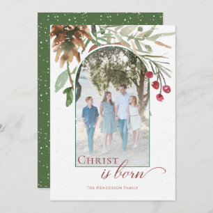 Snowy Christus is geboren Religieuze kerstfoto Feestdagenkaart