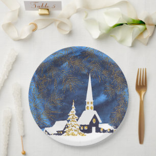 Snowy Church Kerstpapier Borden Papieren Bordje