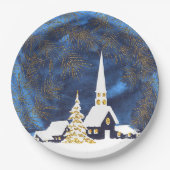 Snowy Church Kerstpapier Borden Papieren Bordje (Voorkant)