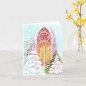 Snowy Church Window-kerstkaart Kaart (Gele Bloem)