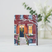 Snowy City Stoop | Christmas Winter Watercolor Feestdagenkaart (Staand voorkant)