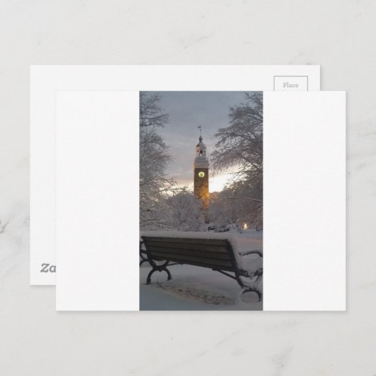 Snowy Clock Tower met bank Briefkaart (Voorkant / Achterkant)
