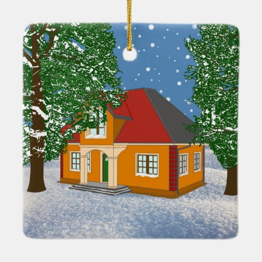 Snowy Cottage Ceramic Ornament (Achterkant)