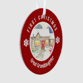 Snowy Cottage Eerste Kerstmis Rode Cirkel Ornament (voorkant)