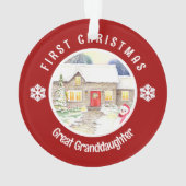 Snowy Cottage Eerste Kerstmis Rode Cirkel Ornament (achterkant)