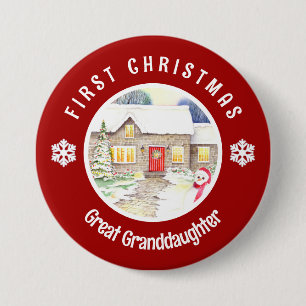 Snowy Cottage Eerste Kerstmis Rode Cirkel Ronde Button 7,6 Cm