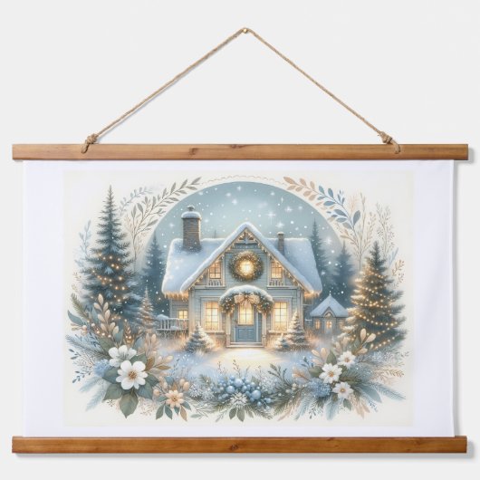 Snowy Cottage Glow Scene Hangend Wandkleed (Voorkant)