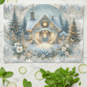 Snowy Cottage Glow Scene Theedoek (Gevouwen)