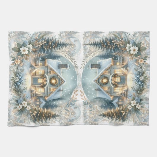 Snowy Cottage Glow Scene Theedoek (Horizontaal)