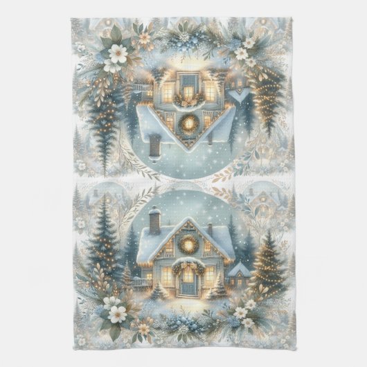 Snowy Cottage Glow Scene Theedoek (Verticaal)