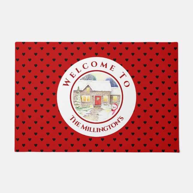Snowy Cottage Red Blue Heart Patroon Deurmat (Voorkant)
