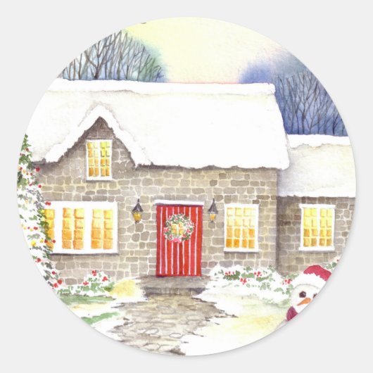 Snowy Cottage Ronde Sticker (Voorkant)
