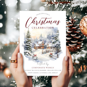Snowy Cottage Trees Corporate Christmas Party Kaart