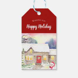 Snowy Cottage-Waterverf Cadeaulabel