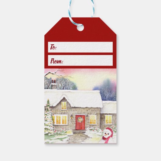 Snowy Cottage-Waterverf Cadeaulabel (Achterkant)