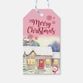 Snowy Cottage-Waterverf Cadeaulabel