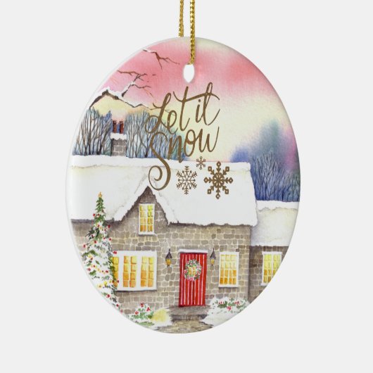 Snowy Cottage-Waterverf Keramisch Ornament (Rechts)