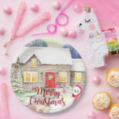 Snowy Cottage-Waterverf Papieren Bordje (Feest)