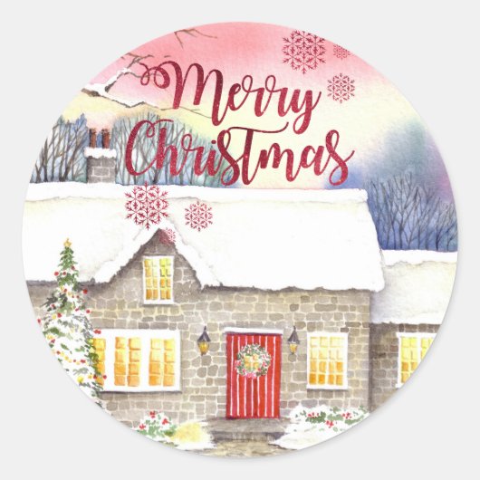 Snowy Cottage-Waterverf Ronde Sticker (Voorkant)