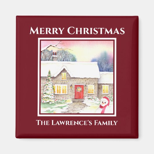 Snowy Cottage Waterverf Schilderend vierkant rood Magneet (Voorkant)