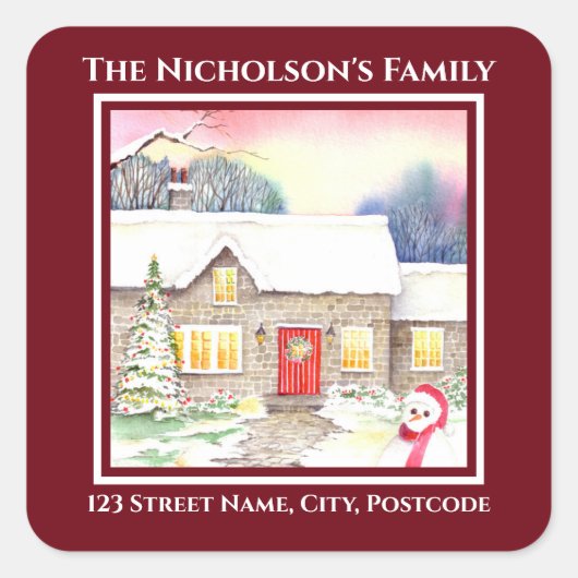 Snowy Cottage Waterverf Schilderend vierkant rood  Vierkante Sticker (Voorkant)