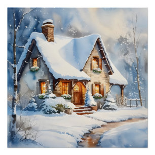 Snowy Cottage Waterverf schilderkunst Perfect Poster
