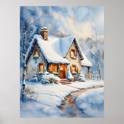 Snowy Cottage Waterverf schilderkunst Poster (Voorkant)