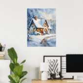 Snowy Cottage Waterverf schilderkunst Poster (Thuiskantoor)