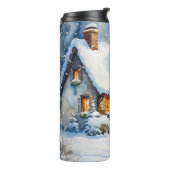 Snowy Cottage Waterverf schilderkunst Thermosbeker (Gedraaid links)