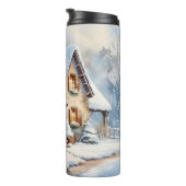Snowy Cottage Waterverf schilderkunst Thermosbeker (Geroteerd rechts)