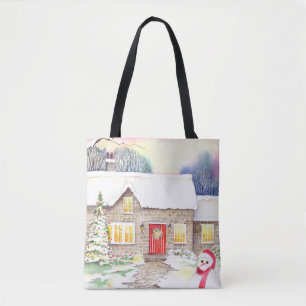 Snowy Cottage-Waterverf Tote Bag