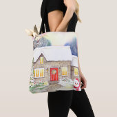 Snowy Cottage-Waterverf Tote Bag (Dichtbij)