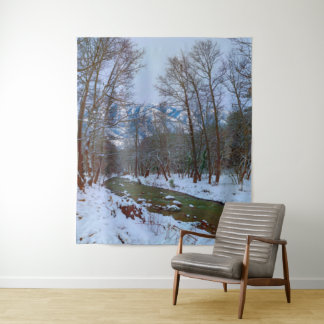 Snowy Creek Forest Mountain Winter Scene Backdrop Wandkleed