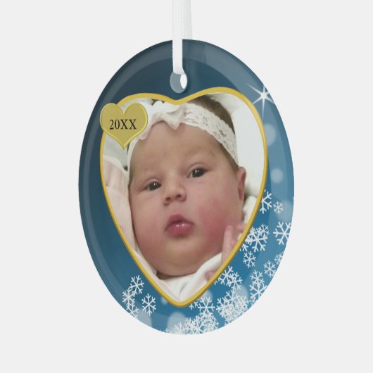 Snowy Dark Blue Baby's Birth Year Foto Kerstmis Glas Ornament (Voorkant links)