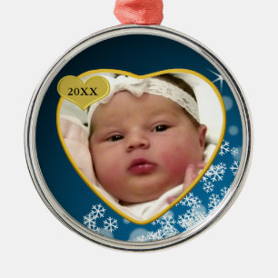 Snowy Dark Blue Baby's Birth Year Foto Kerstmis Metalen Ornament