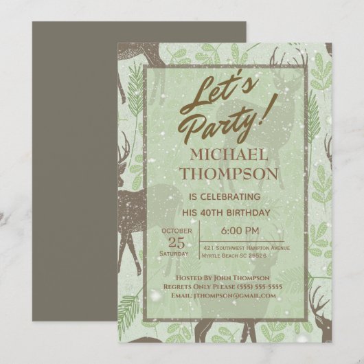 Snowy Deer Hunter Birthday Party Invitation Kaart (Voorkant / Achterkant)