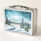 Snowy dennenbomen in de buurt van een meer (Achterkant)