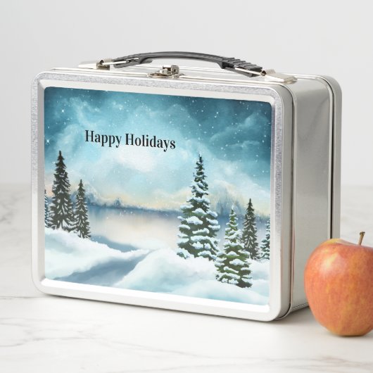 Snowy dennenbomen in de buurt van een meer (In situ)