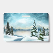 Snowy dennenbomen in de buurt van een meer badge (Achterkant)