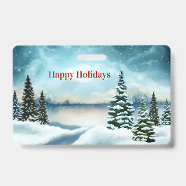 Snowy dennenbomen in de buurt van een meer badge