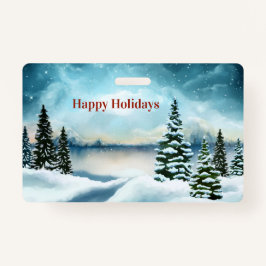 Snowy dennenbomen in de buurt van een meer badge